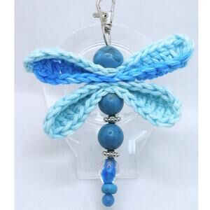 Crochet Dragonfly Bag Charm Upcycled Beaded Keychain Handmade Blue Keychain New